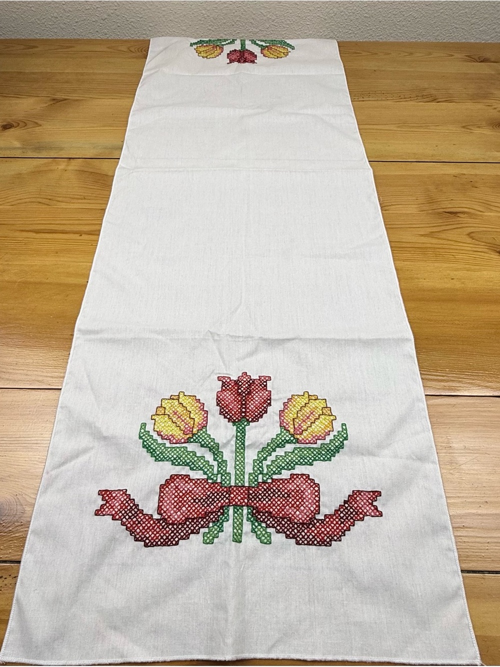 Handmade Vintage Style Cross Stitch Table Runner 14x43” Floral Design